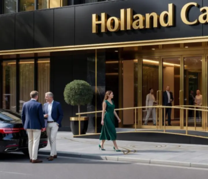Aankomst bij de buitengevel van een Holland Casino locatie in Nederland in de avond