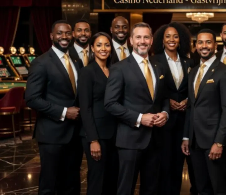 Deskundig casinoteam dat bezoekers adviseert in een luxe Nederlandse casino-omgeving