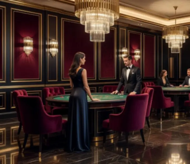 Elegant gouden casino-interieur met luxe verlichting en speeltafels