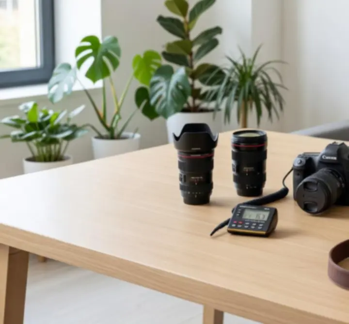 Profesyonel fotoğraf makinesi, lensler ve ışık ekipmanlarından oluşan set